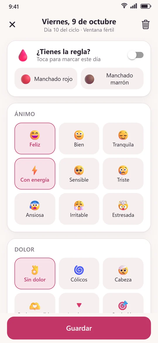 Pantalla de registro diario con el estado de ánimo y el manchado