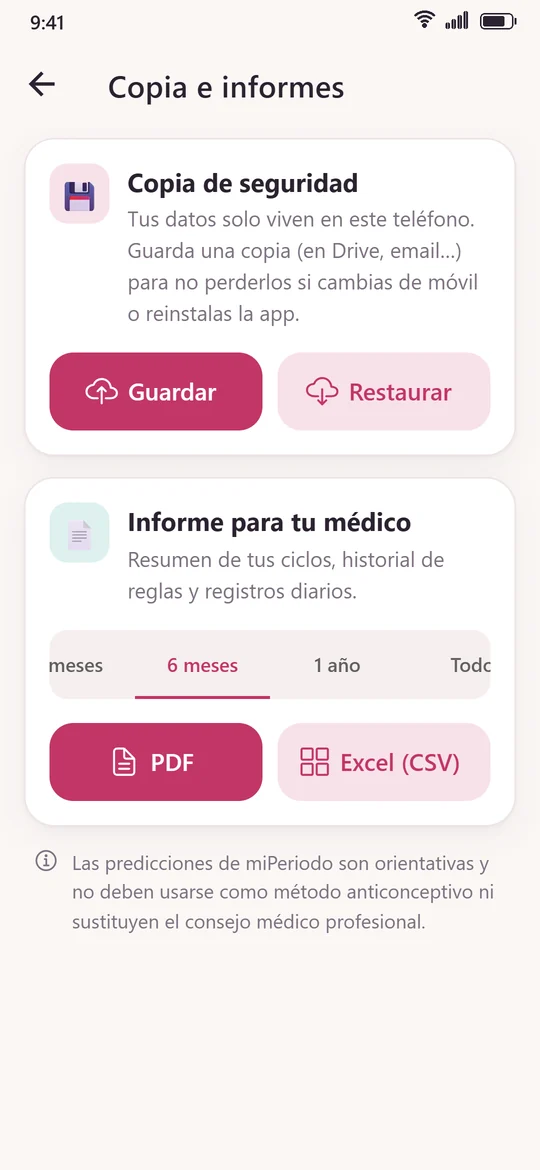 Pantalla Copia e informes con copia de seguridad e informe PDF para tu médico